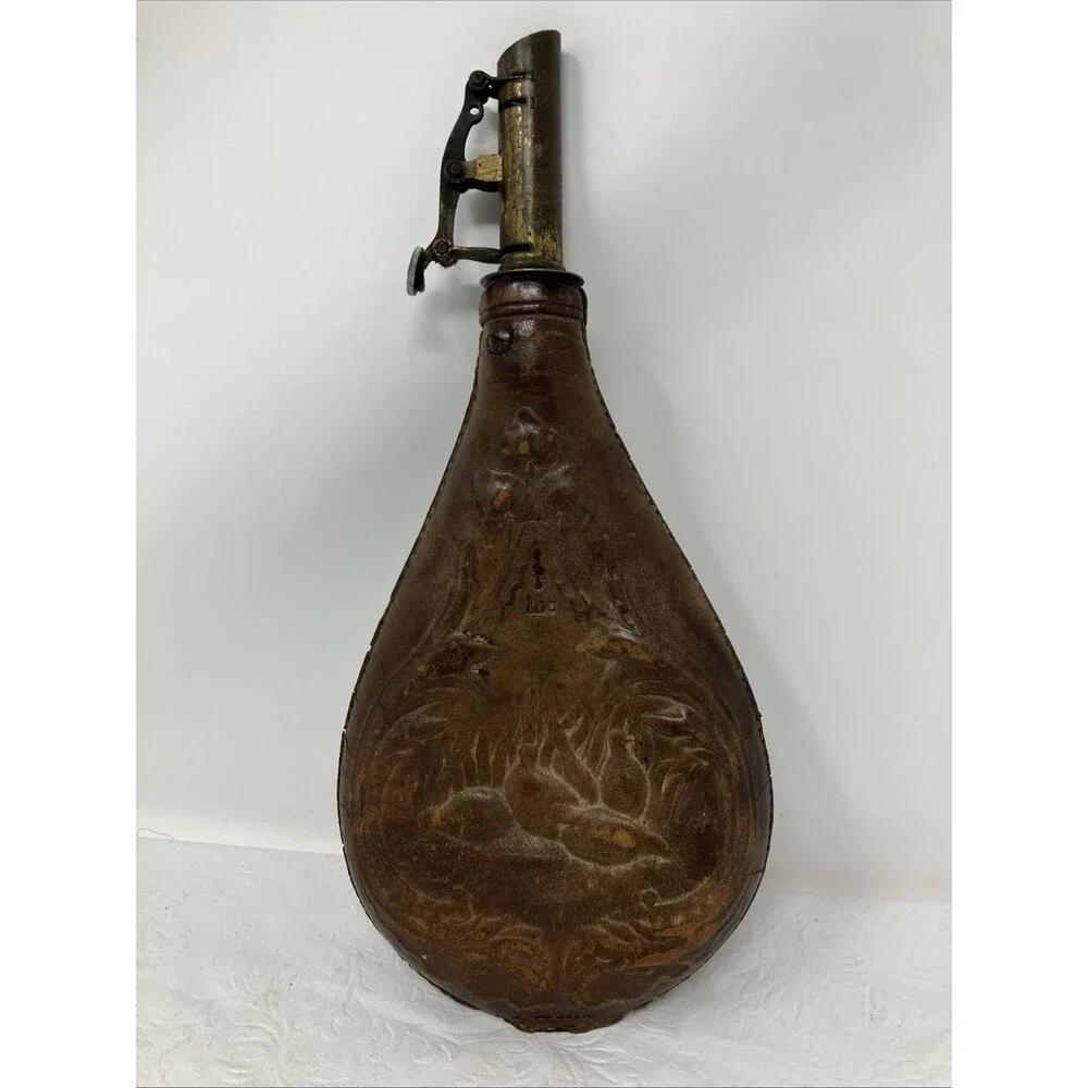 Antique Leather Gunpowder Pouch FLAWED Quail Pheasant Design w metal top VTG